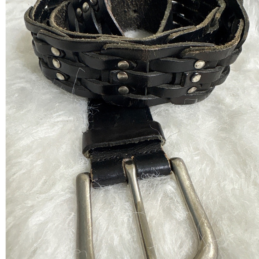 Belt Womens L Woven Studded Black Leather Western Boho Distressed